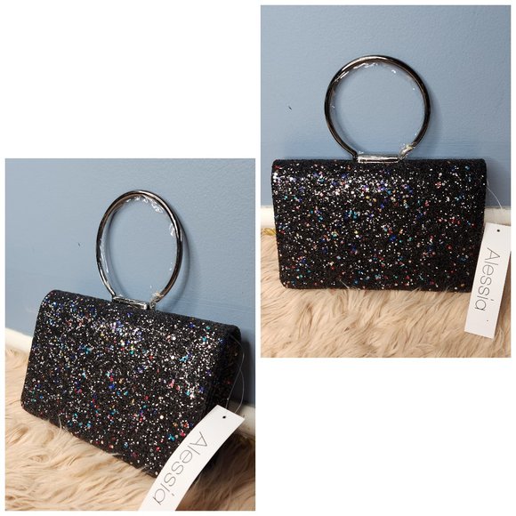 NWT ALESSIA Black & Metallic Glitter Box w/ Black Trim Clutch W/Round Handle - Picture 2 of 4
